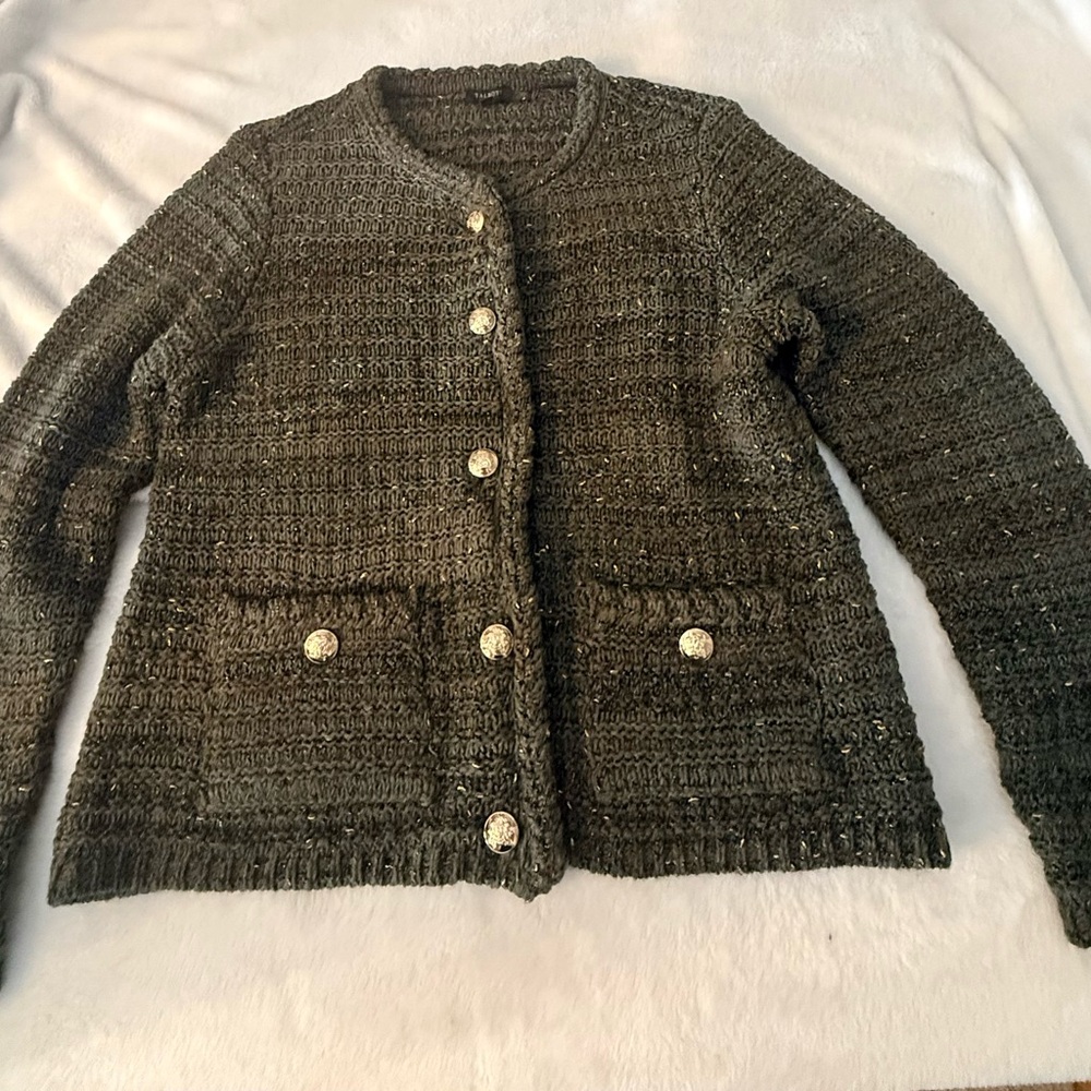 Talbots green tuck stitch crewneck cardigan & metallic thread Size MP